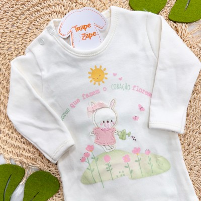 Kit 3 Peças - Bodys Manga Longa Flores Que Fazem O Coração Florescer - Rosa, Off White e Rose